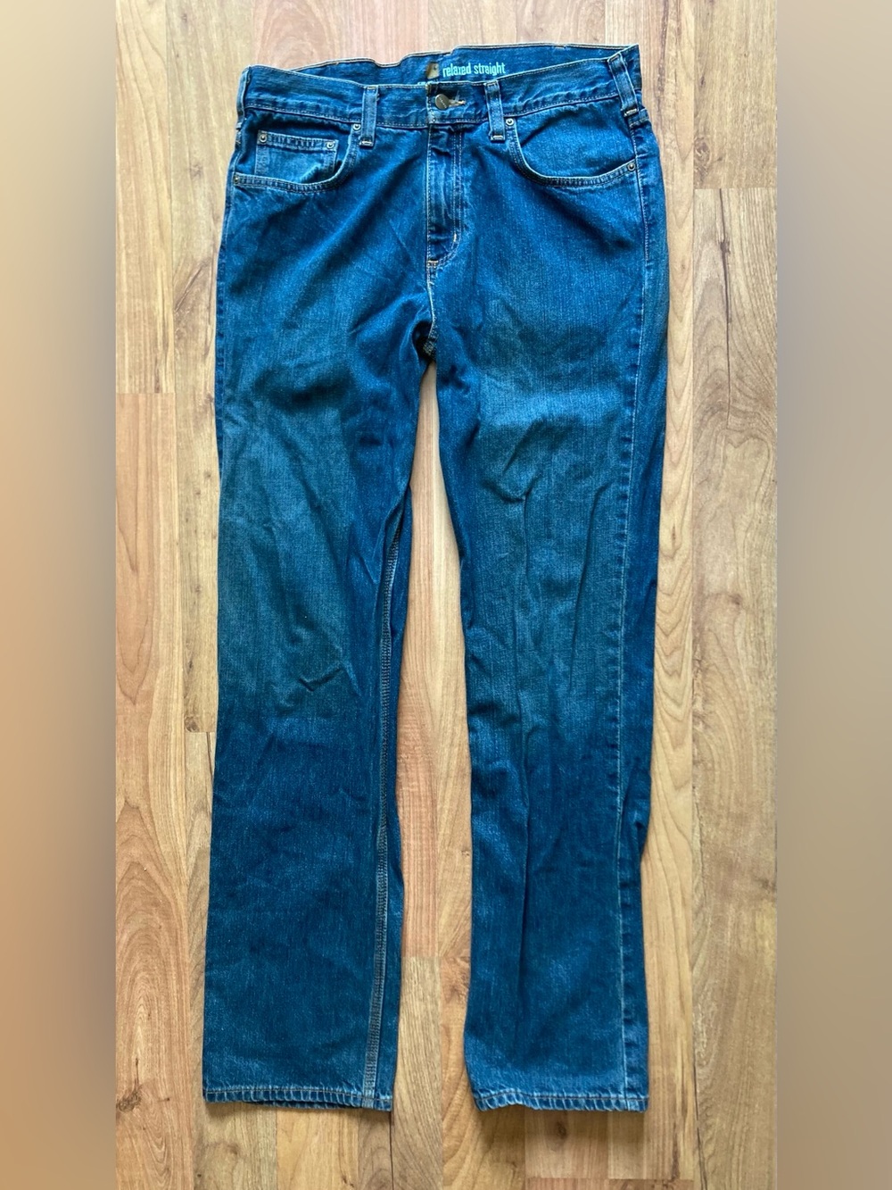 Carhartt Relaxed Straight Mens 33x36 Blue Jeans  Medium Wash Distressed B320-WTB